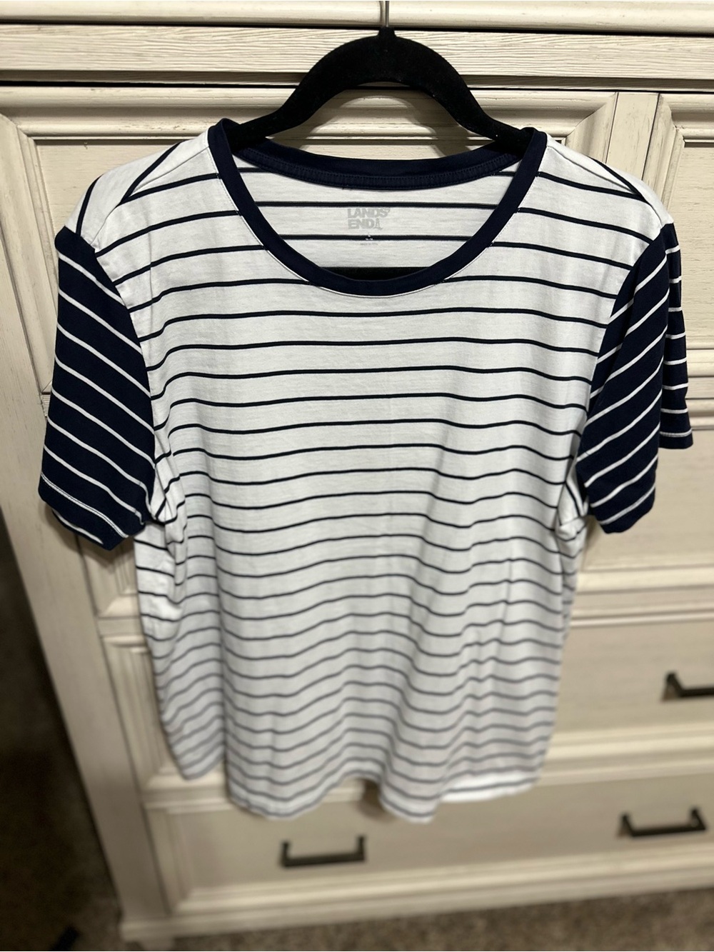 Lands' End White Tee with Navy Horizontal Stripes